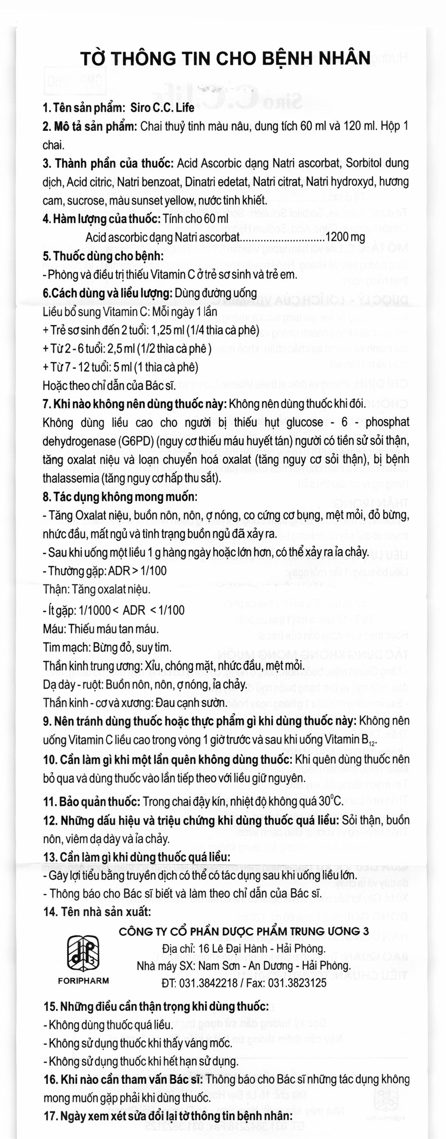 Siro C.C.Life 100mg/5ml bổ sung vitamin C, tăng đề kháng